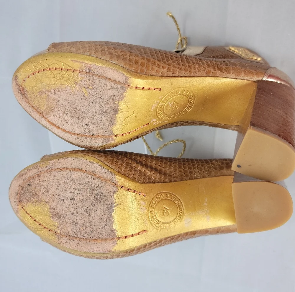 Lace Up Peep Toe Block Heel Leather Sandals Shoes Size 7